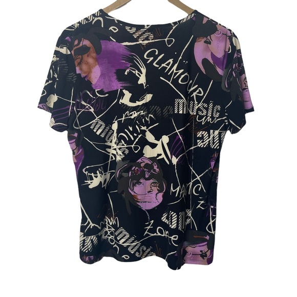 Nygard Black White Purple Glamour Music Abstract Print V-Neck T-Shirt Size LP - Picture 2 of 6